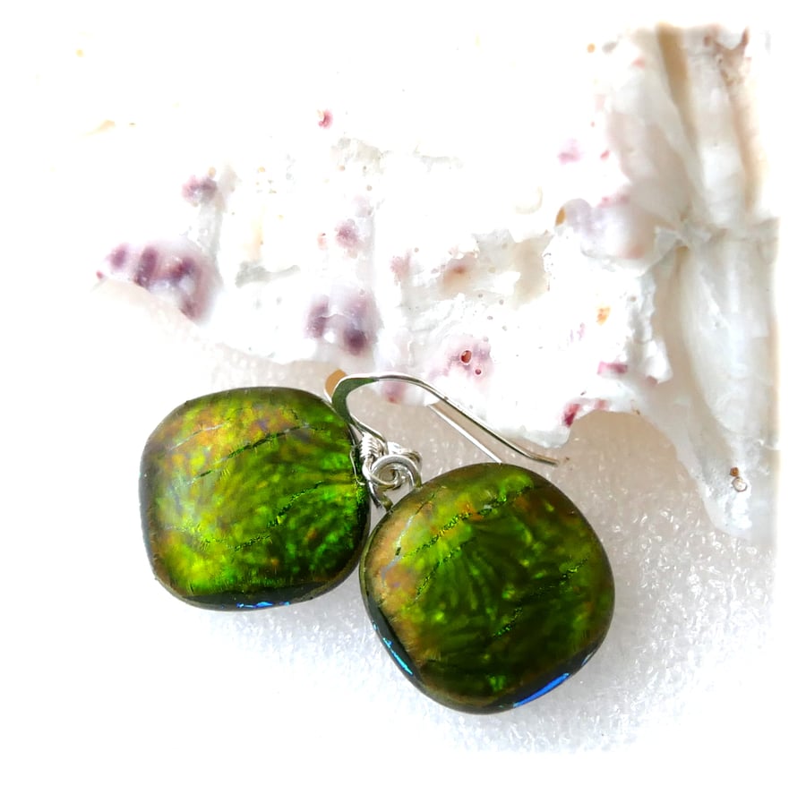 Luxury Dichroic Earrings Fused Glass L015 Sterling Silver hooks