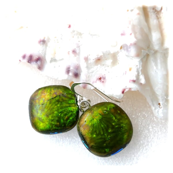 Luxury Dichroic Earrings Fused Glass L015 Sterling Silver hooks
