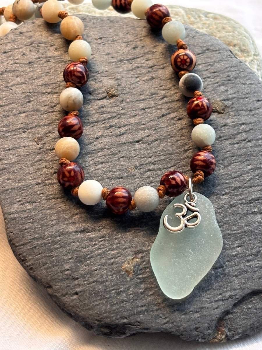 Necklace - Hand Knotted with Seaglass, Amazonite and Painted Wood