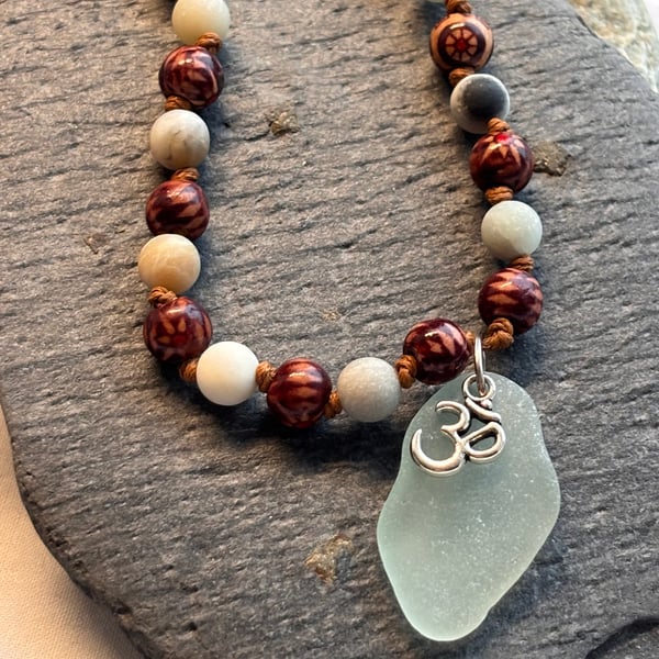 Necklace - Hand Knotted with Seaglass, Amazonite and Painted Wood