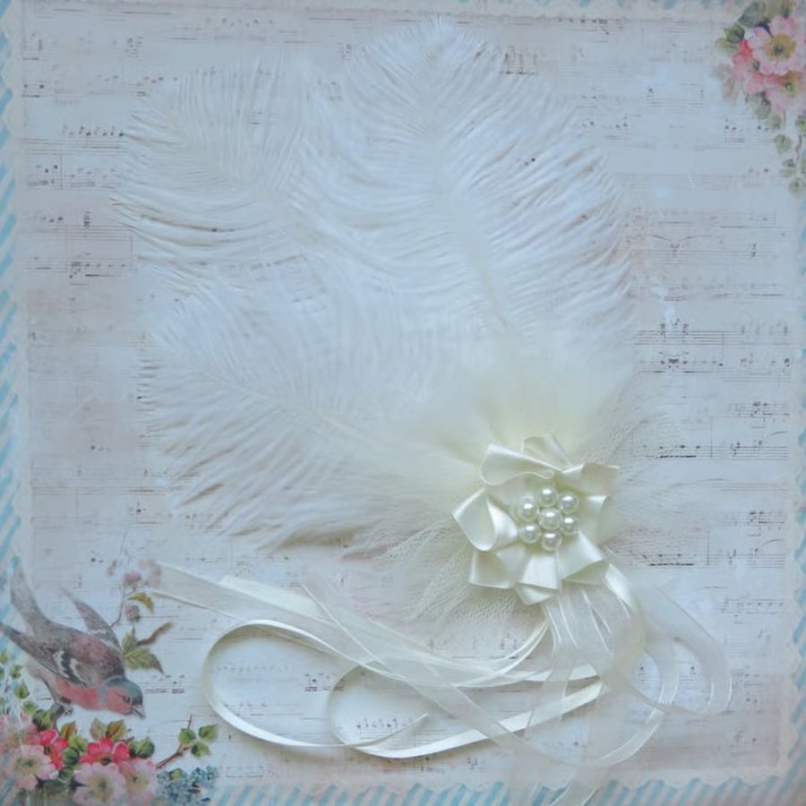 Ivory Off White Ostrich Feather Ribbon Trails Regency Style Headpiece Fascinator