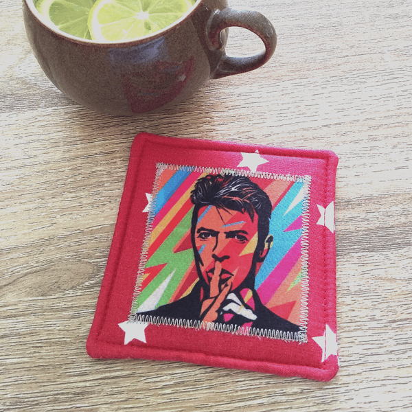 David Bowie fabric drinks coaster, red with white stars, POSTAGE INCLUDED