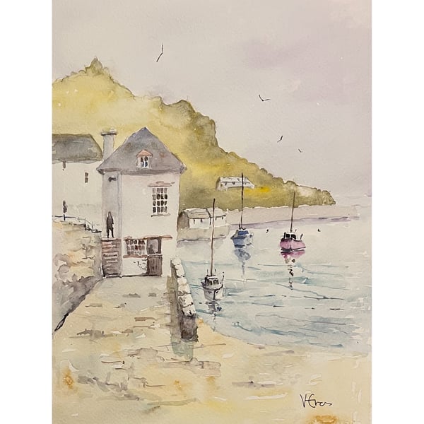 Cottage Perched At The Harbours Edge, original watercolour painting