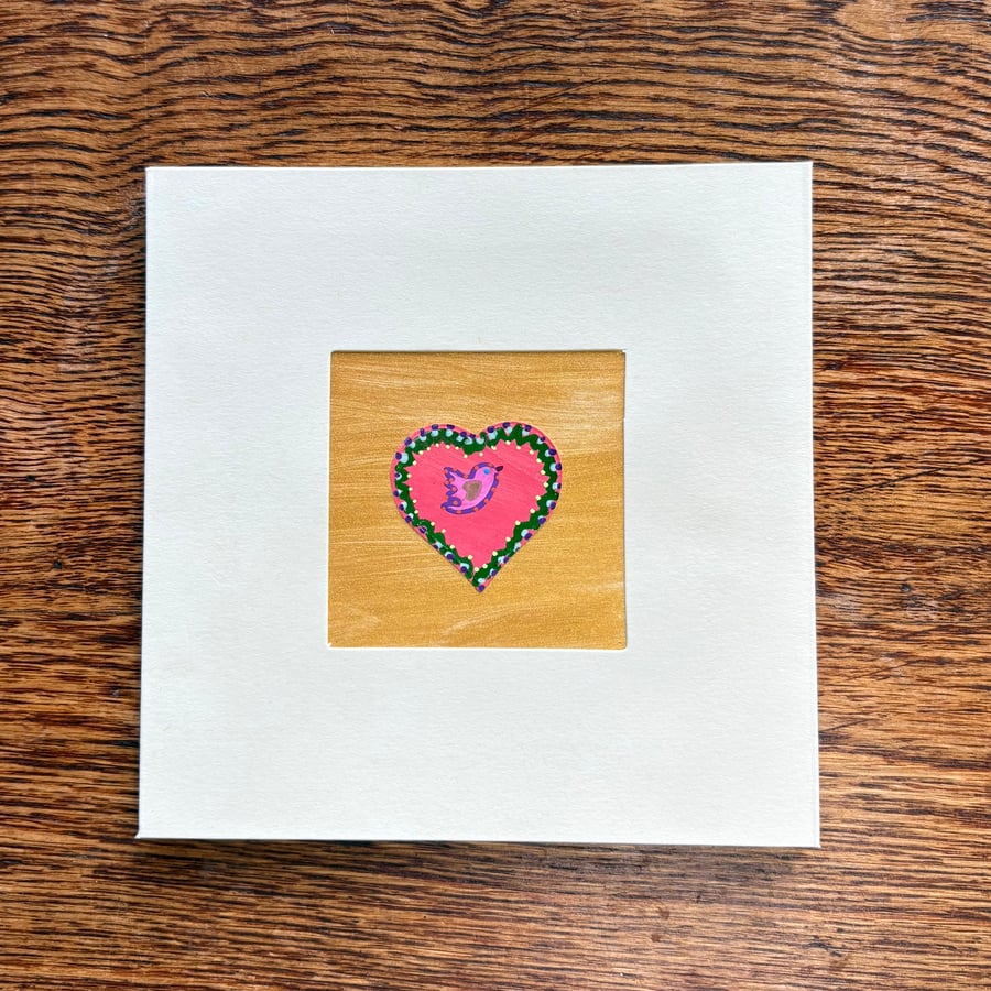 Hand painted collage card - ‘Small Heart and Bird No.4’