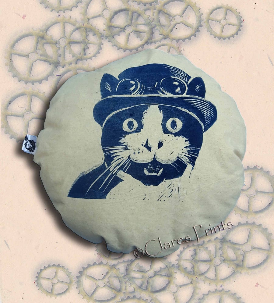 Sale Steampunk Cat Cream Stuffie Cushion Hand Printed Linocut Handmade