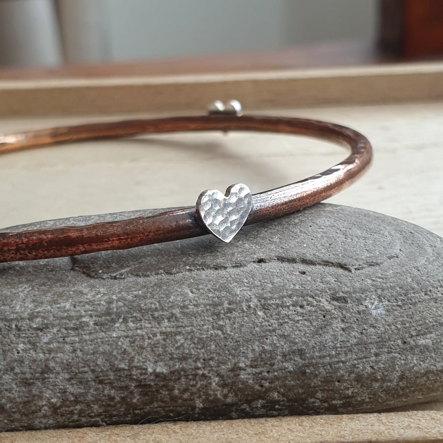 Copper heart bangle, 7th anniversary gift, Romantic jewellery