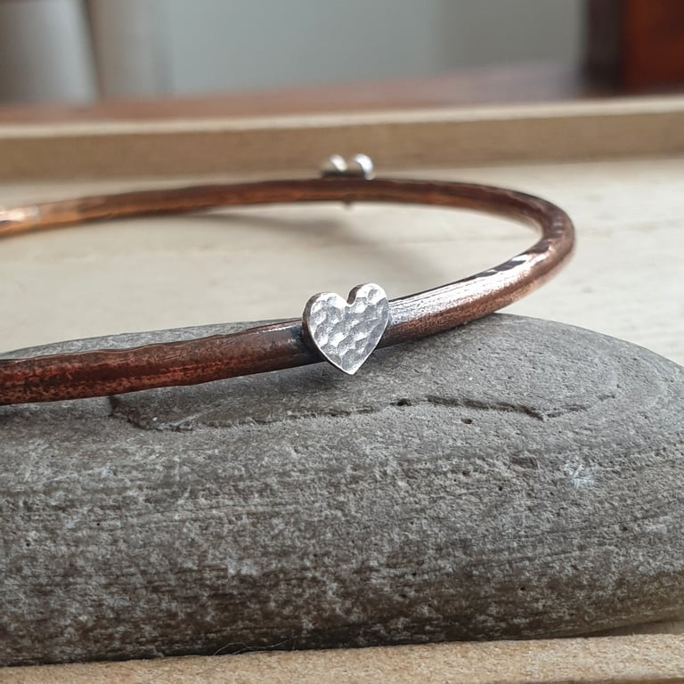 Copper heart bangle, 7th anniversary gift, Romantic jewellery