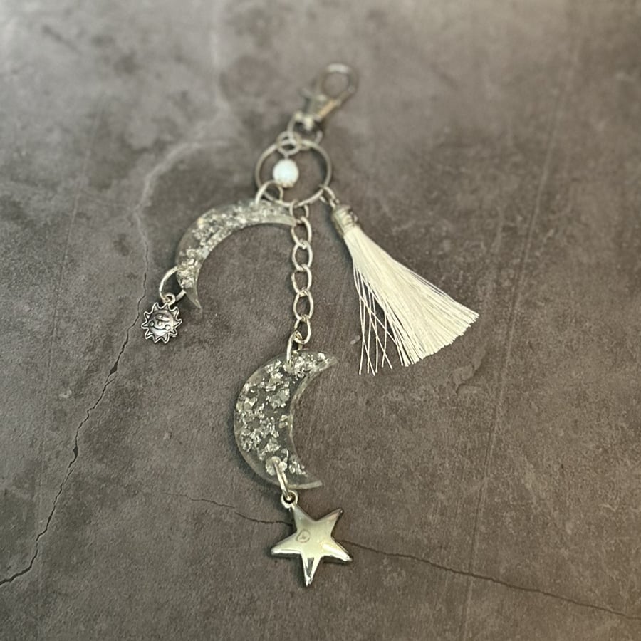 Resin Double Crescent Moon, Star, Sun and Moonstone Bag Charm