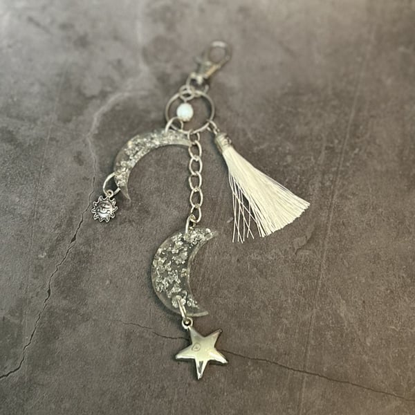 Resin Double Crescent Moon, Star, Sun and Moonstone Bag Charm