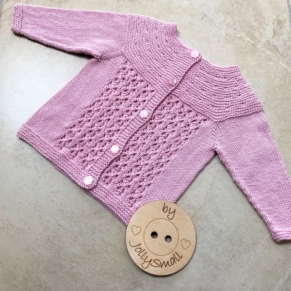 Baby cardigan 6 - 12 months in pink with lace front inserts