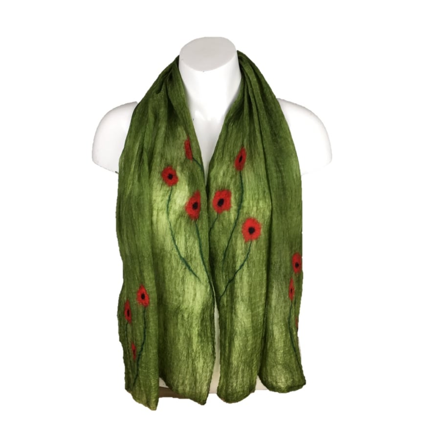 Lightweight nuno felted green scarf with poppies, gift boxed