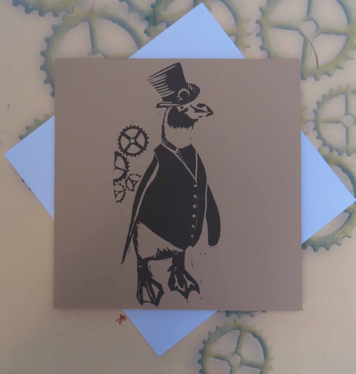 Steampunk Penguin Art Greeting Card From Original Lino Cut Print Beige