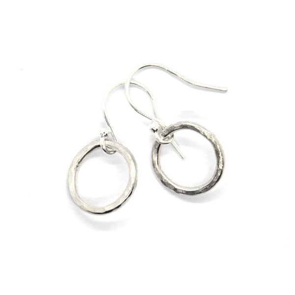 Silver hammered open circle drop earrings