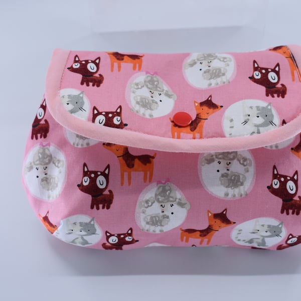 Make up cosmetic or toiletry pouch bag. Dog and cat pink print. 