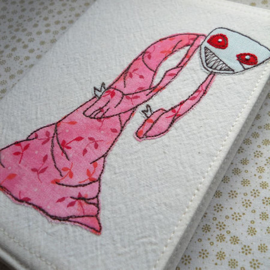 embroidered notebook - pink zombie fabric cover - A6