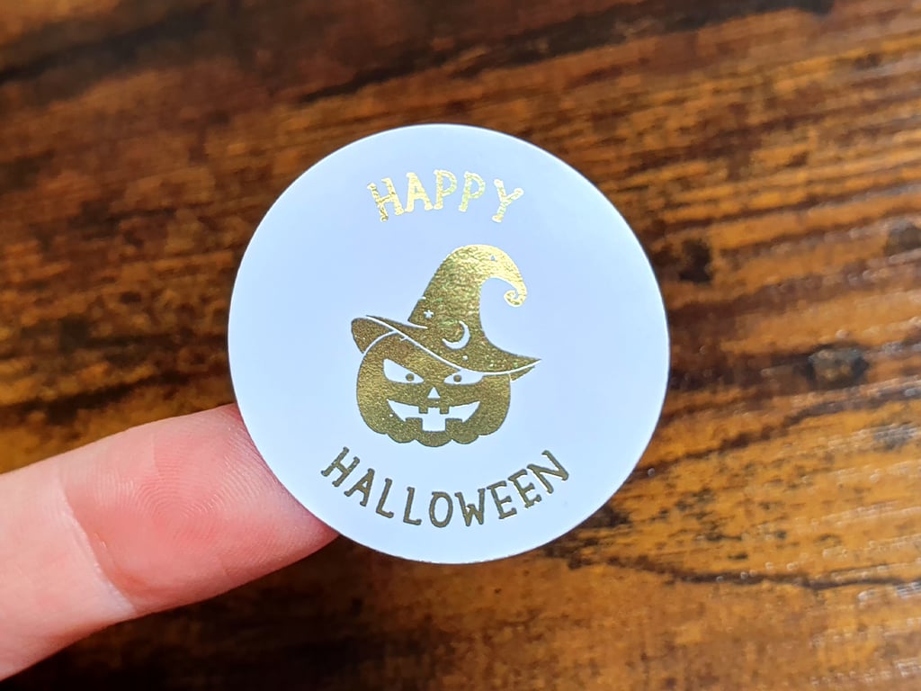 35 x Foiled Happy Halloween Pumpkin 37mm Stickers - Small Business Supplies