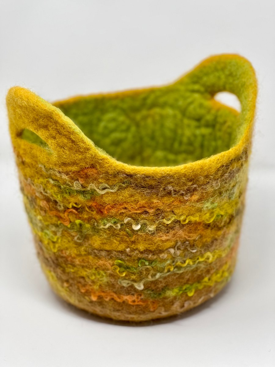 Medium Mustard and Lime Green Felt Basket with Grab Handles