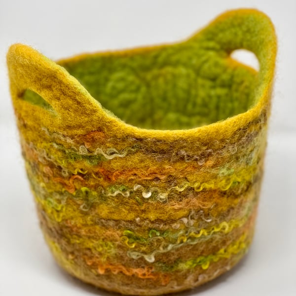 Medium Mustard and Lime Green Felt Basket with Grab Handles