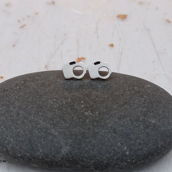 Recycled sterling silver camera studs earrings – gift for a photographer 