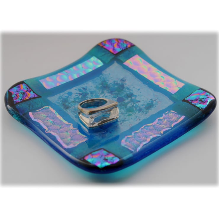 Fused Glass Trinket Dish 10cm Turquoise Dichroi... Folksy