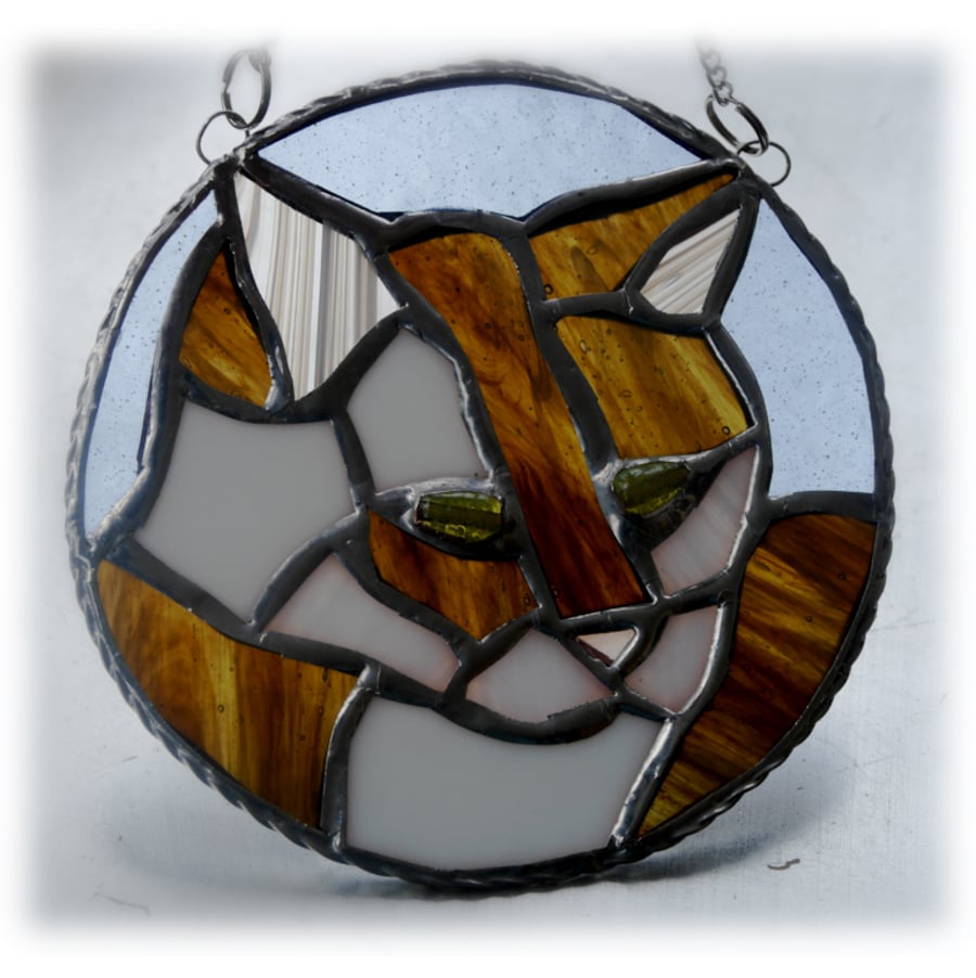 Cat Suncatcher Stained Glass Ring Brown and White 015