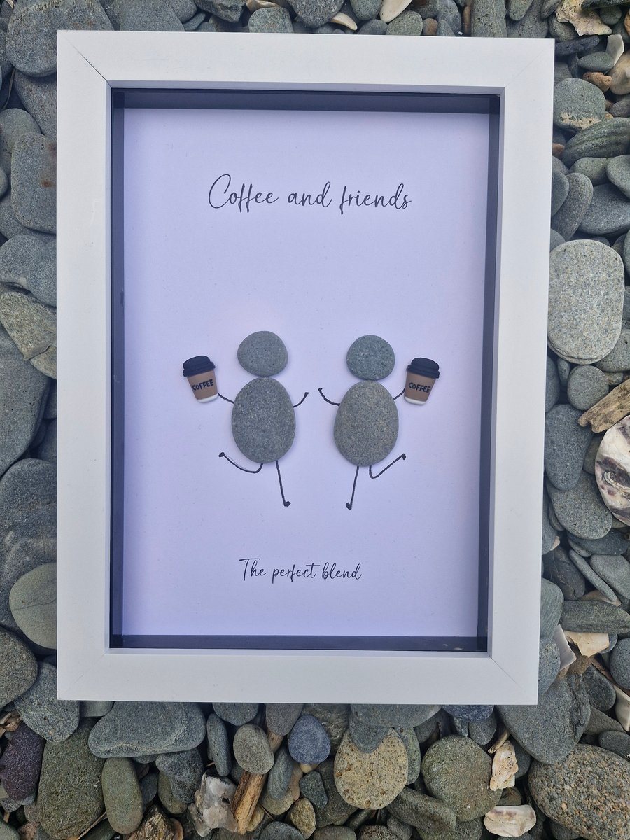 Handmade pebble Art Picture.  Friends. Coffee and friends.  Framed gift for 