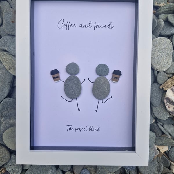 Handmade pebble Art Picture.  Friends. Coffee and friends.  Framed gift for 