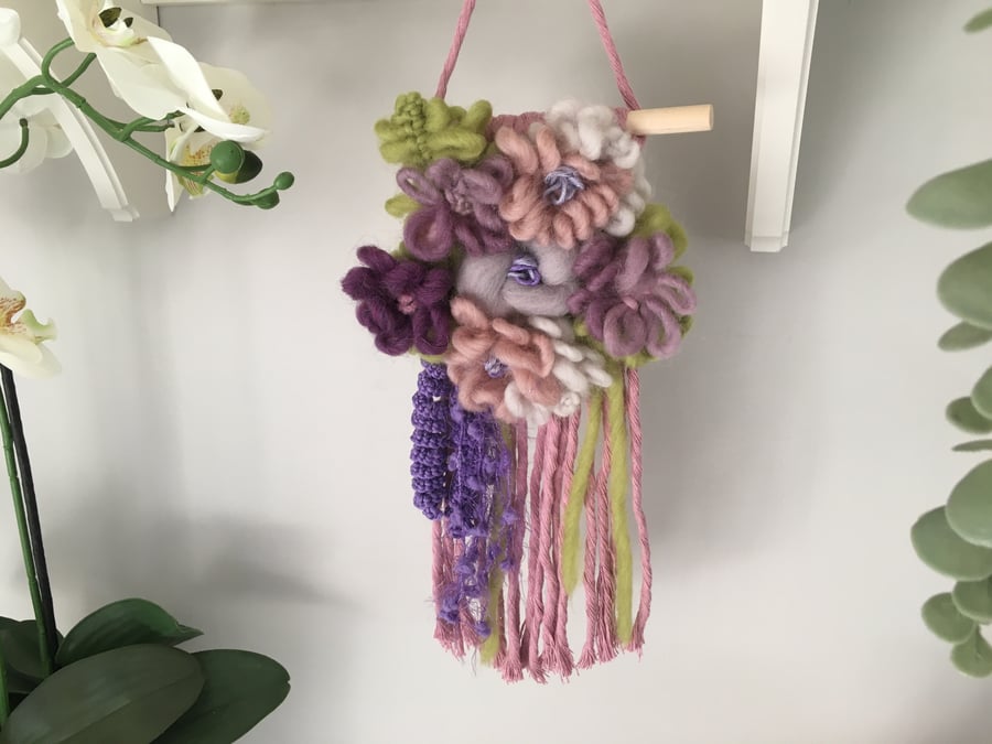 Pink and grey macrame and woven floral wall decoration, nursery decor
