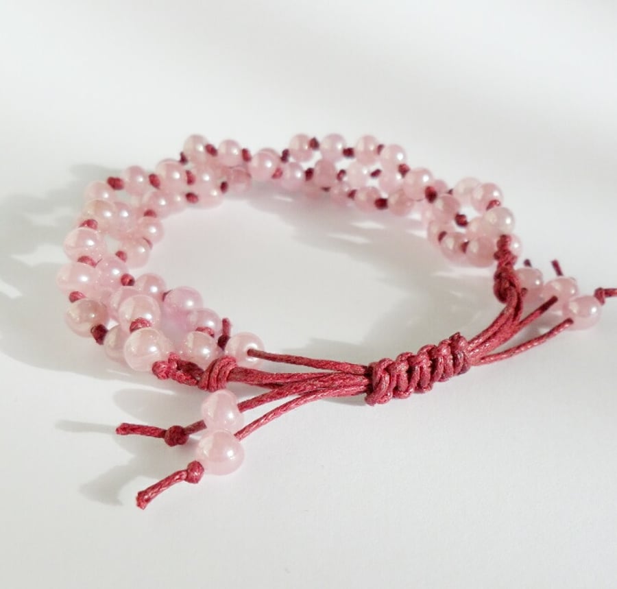 Pink Beaded 3 strand macrame style bracelet