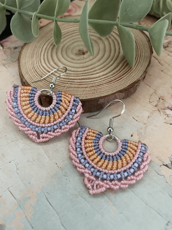 Pretty pastel micro macrame beaded fan design dangle boho earrings