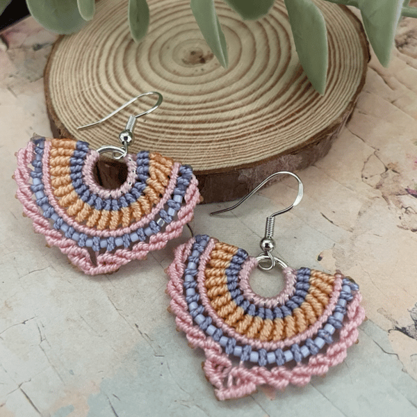 Pretty pastel micro macrame beaded fan design dangle boho earrings