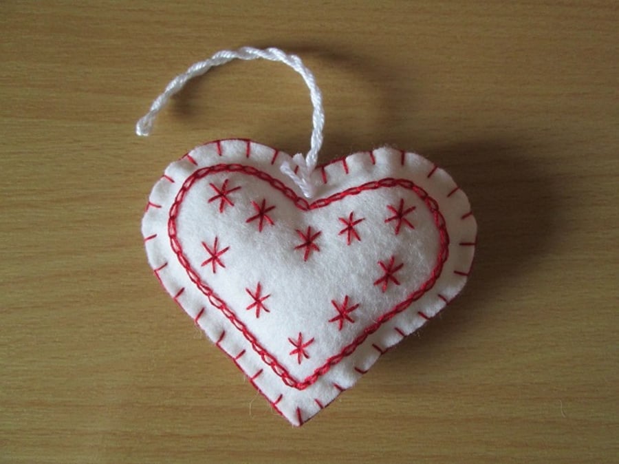 Hand Embroidered Scandi White Felt Heart Christmas Decoration