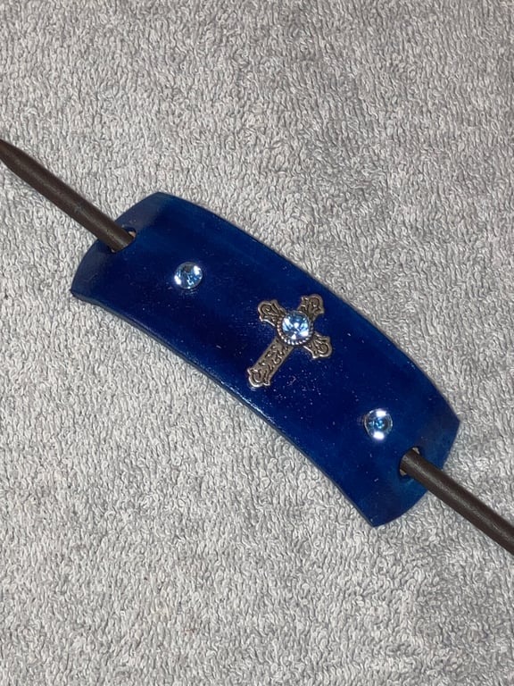 Blue Leather Hair Stick Barrette - Catholic Cross Center & 3 Blue Gemstones