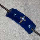 Blue Leather Hair Stick Barrette - Catholic Cross Center & 3 Blue Gemstones