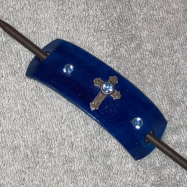 Blue Leather Hair Stick Barrette - Catholic Cross Center & 3 Blue Gemstones