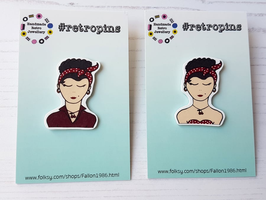 Retropins - Vintage style Retro lady shrink plastic pin ONE supplied