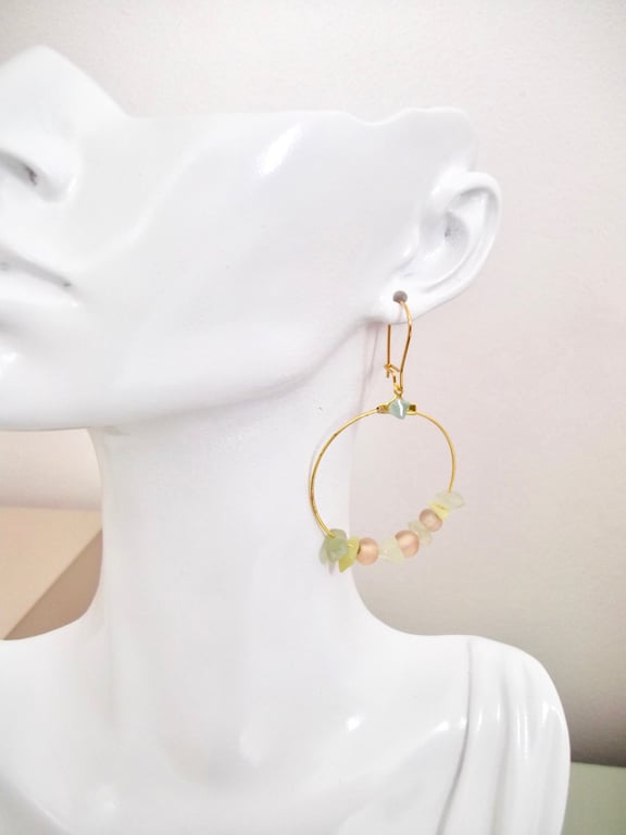 Healing Crystals Gold Hoop Earring Glass Bead and Jade, Fluorite,Yellow Calcite 