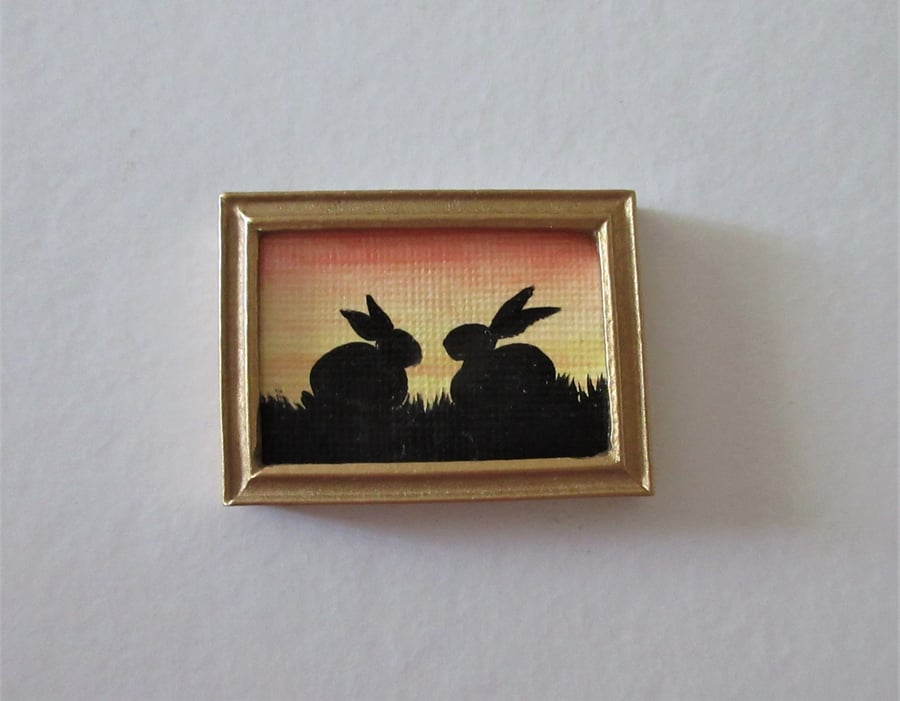 Doll House Miniature Original Painting Framed with Bunny Silhouette Rabbit 