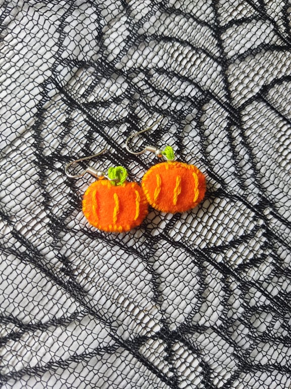 Handmade bright orange felt pumpkin earrings 
