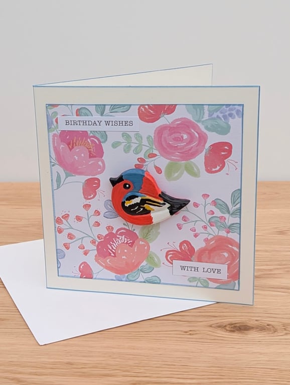 Birthday card, handmade, with removable clay chaffinch fridge magnet keepsake 