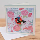 Birthday card, handmade, with removable clay chaffinch fridge magnet keepsake 