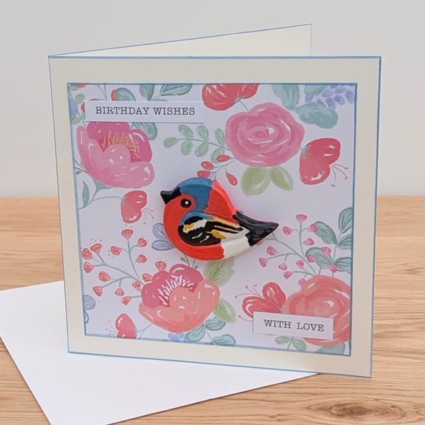 Birthday card, handmade, with removable clay chaffinch fridge magnet keepsake 