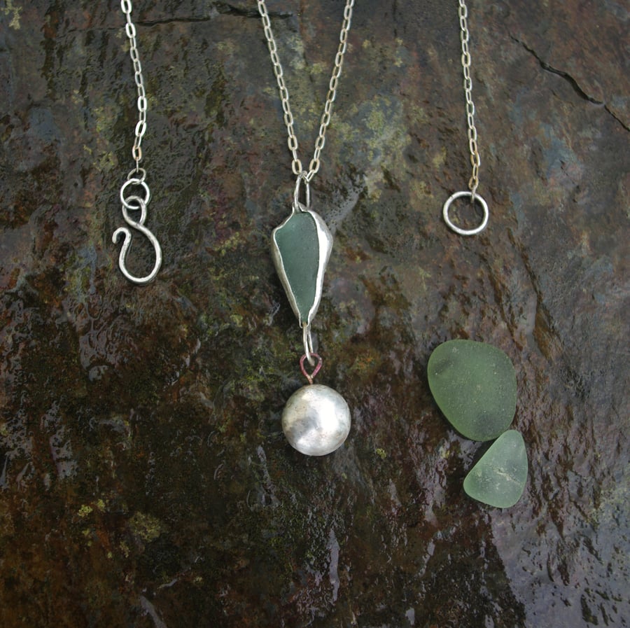 Green Sea Glass and Silver Pebble Statement  Necklace
