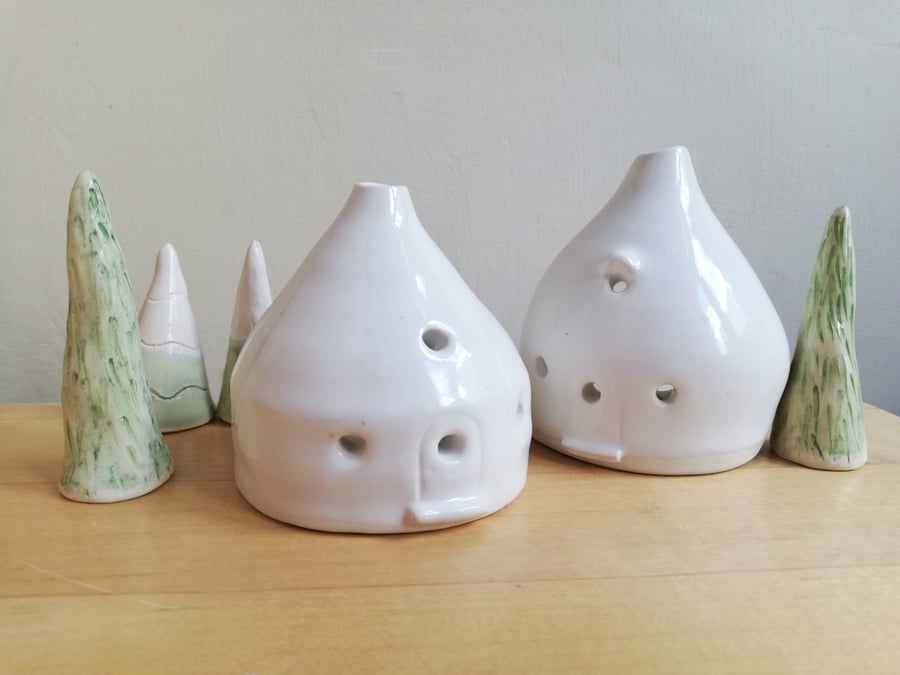 White ceramic house Christmas tea light pottery candle holder Seconds Sunday