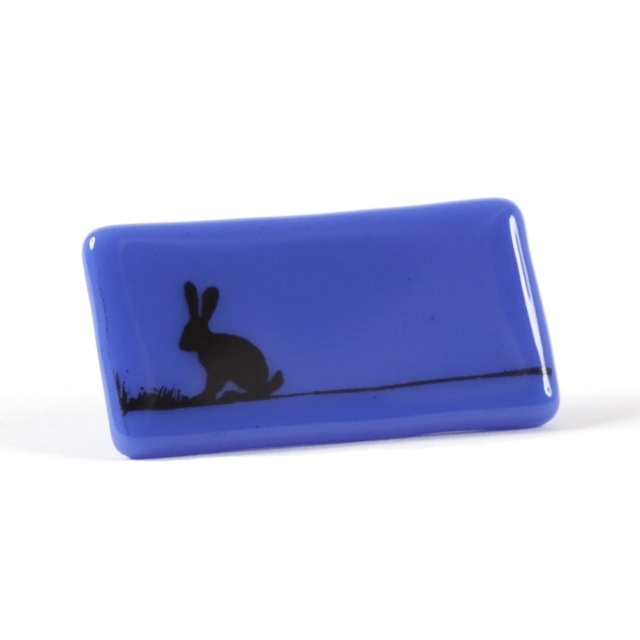Black Hare Brooch in Fused Glass with Screen Printed Kiln Fired Enamel