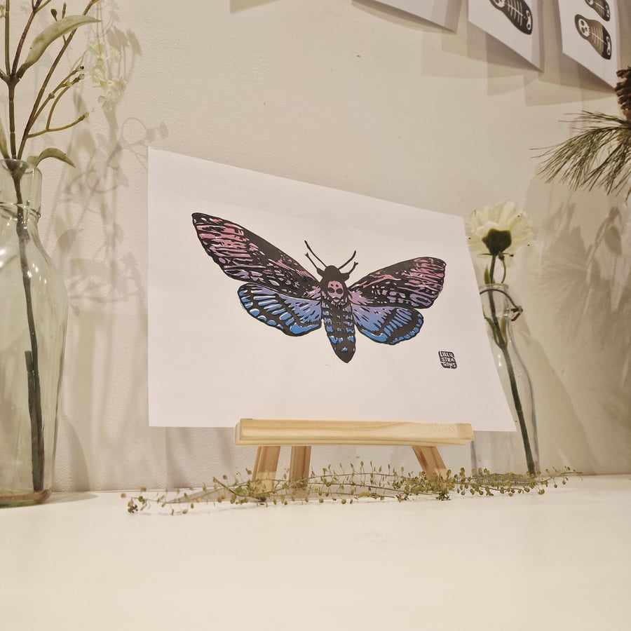 Death Moth in a Pink, Purple and Blue Gradient - Original Lino Print