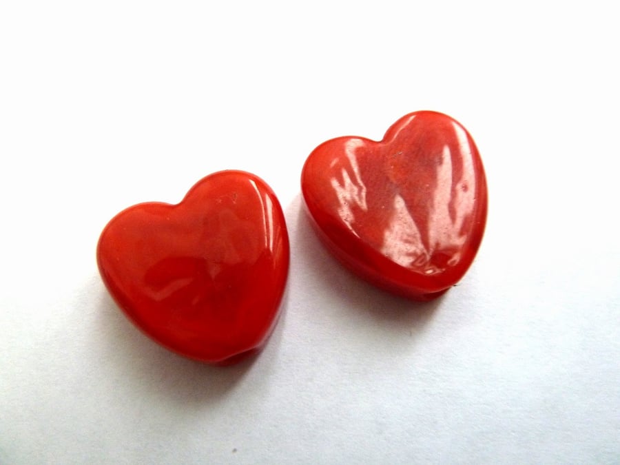 handmade lampwork glass beads, red heart pair