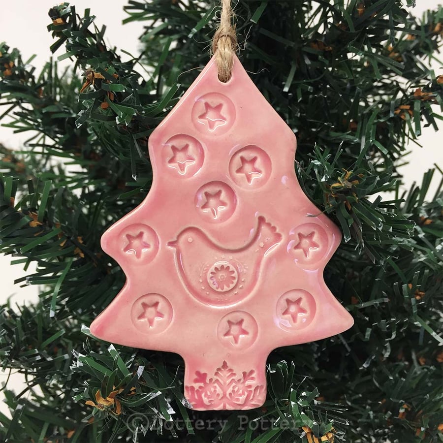 Pink Ceramic Christmas tree decoration with bird and star Pottery decoration