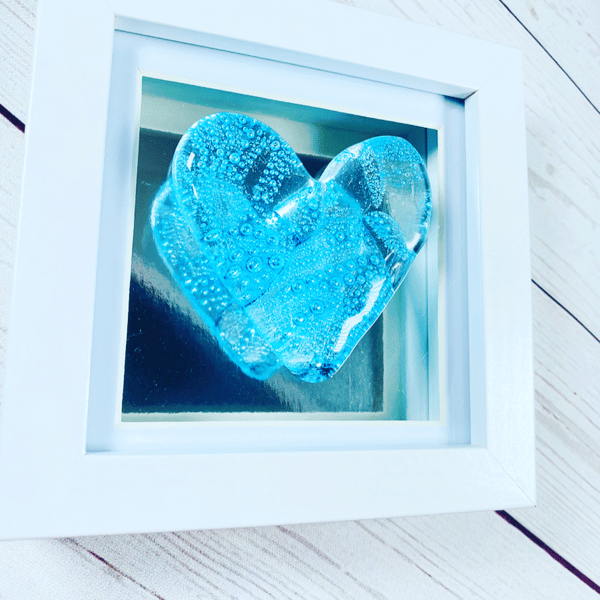 Bubble fused glass blue heart - glass picture 