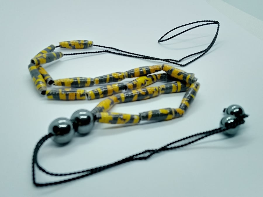 Handmade halloweiner orange and slate grey paper bead and hematite necklace